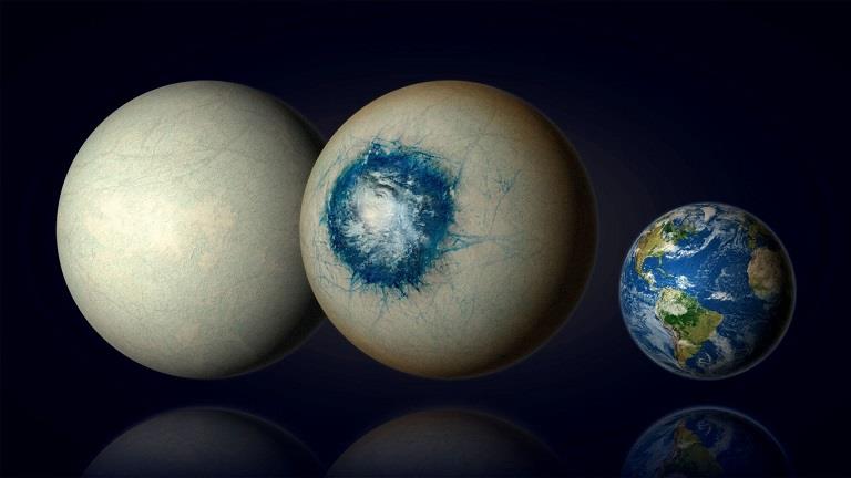 رسم فني لكوكب مقلة العين مقارنة بالأرض