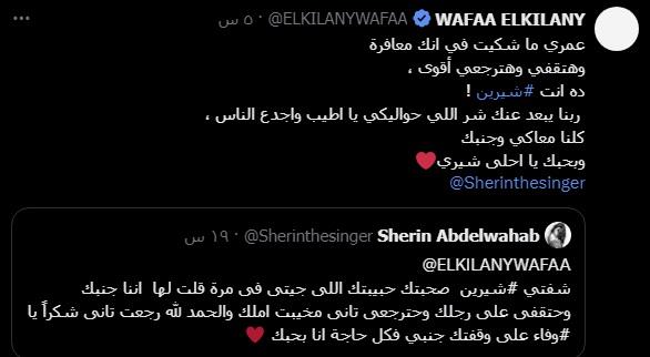 تغريدة وفاء الكيلاني وشيرين عبدالوهاب