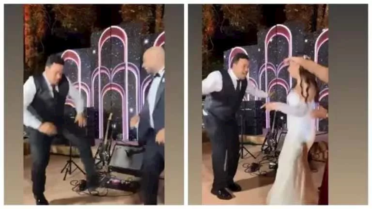 رقص هستيري يجمع بين مصطفى غريب وحاتم صلاح وعروسته بحفل زفافهما_3