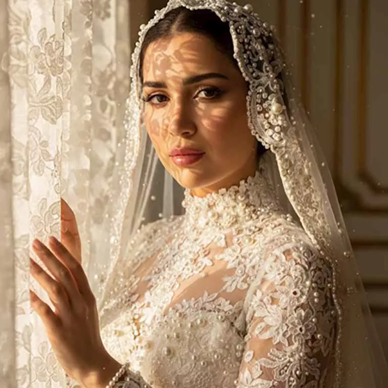 مي عز الدين بفستان زفاف بواسطة الذكاء الاصطناعي 