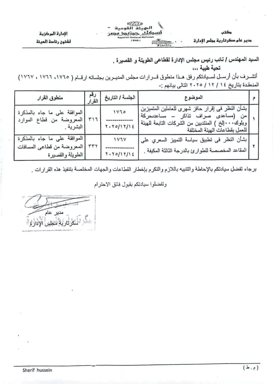 حافز شهري جديد للعاملين المتميزين بالسكة الحديد