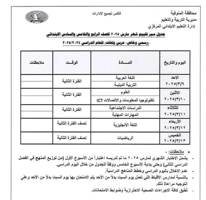 جدول امتحانات شهر مارس للصف الرابع والخامس والسادس الابتدائيى 2