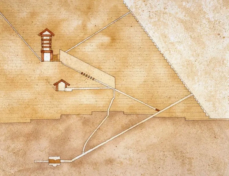 رسم مقطعي يبين التنظيم المعماري لغرفة الدفن