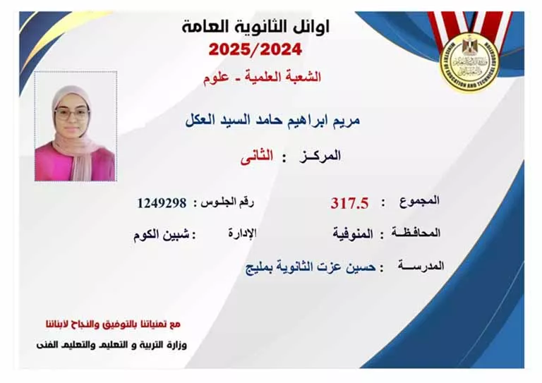 أوائل الثانوية العامة 2025.. الطالبات يكتسحن قائمة الشرف (29)