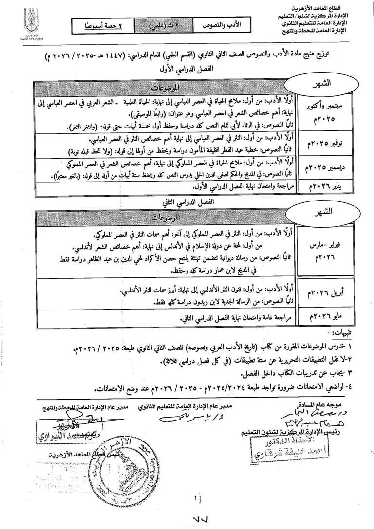 خطة توزيع المنهج للمرحلة الثانوية الأزهرية (33)