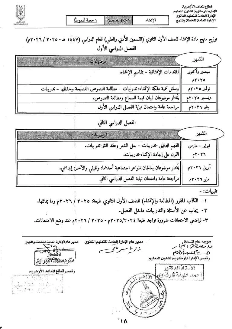 خطة توزيع المنهج للمرحلة الثانوية الأزهرية (32)