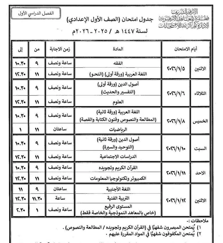 جداول امتحان صفوف النقل بالأزهر  (4)