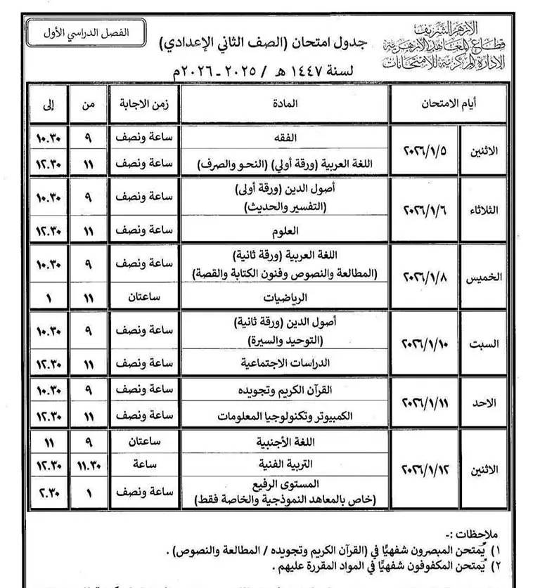 جداول امتحان صفوف النقل بالأزهر  (3)