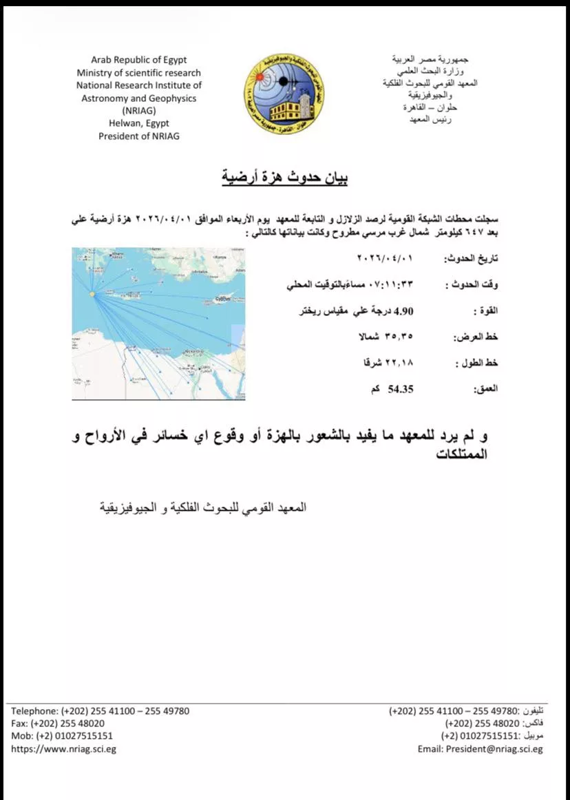 تفاصيل زلزال مطروح اليوم