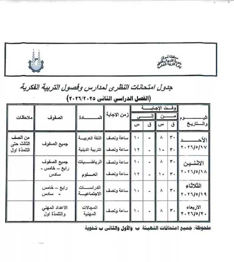 مواعيد امتحانات الفصل الدراسي الثاني لصفوف النقل والشهادة الإعدادية (40)