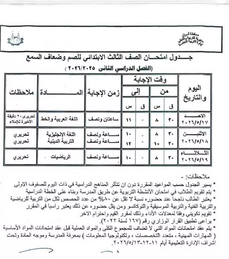 مواعيد امتحانات الفصل الدراسي الثاني لصفوف النقل والشهادة الإعدادية (26)