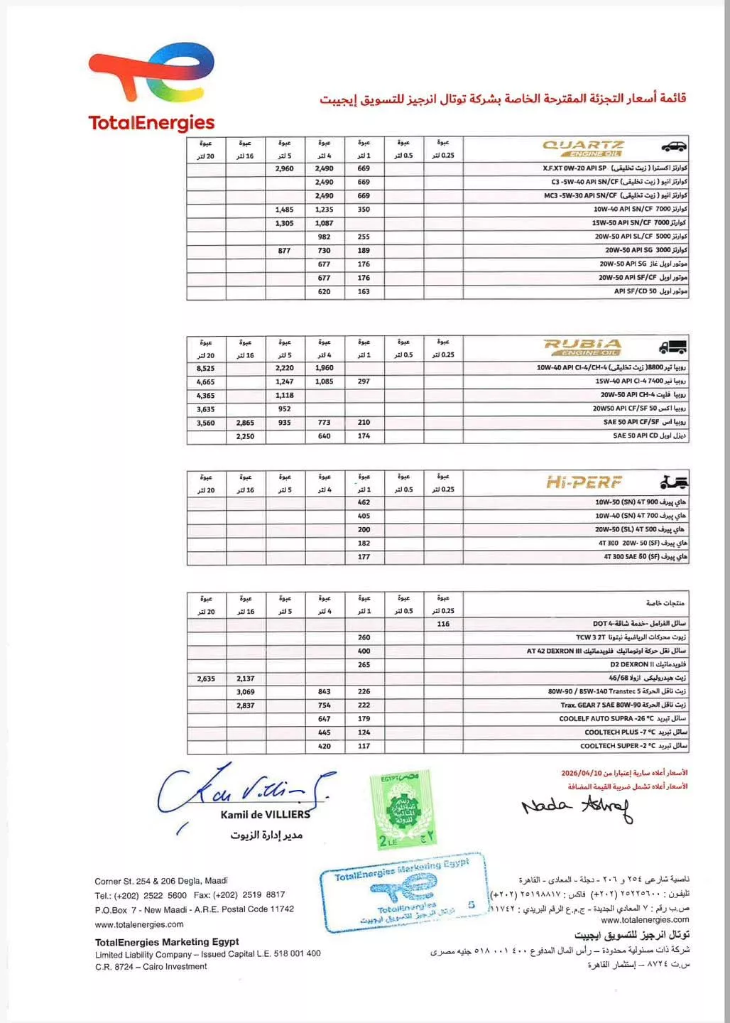 أسعار زيوت توتال أبريل 2026
