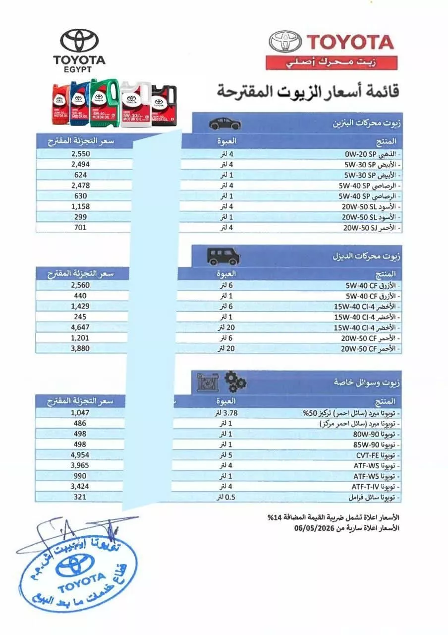 أسعار زيوت تويوتا الأصلية