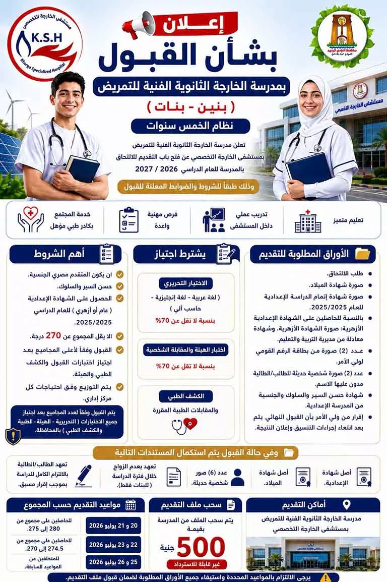 تفاصيل شروط الالتحاق بمدرسة تمريض الخارجة