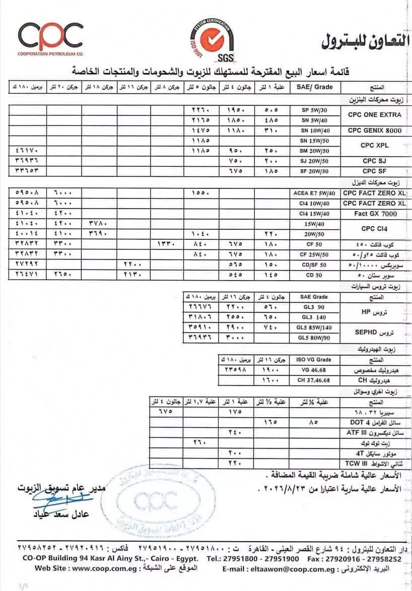 قائمة أسعار زيوت شركة التعاون للبترول