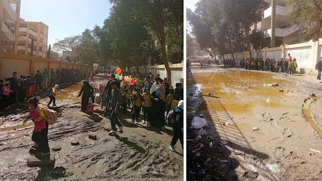 تجمعات مياه تعيق الطلاب أمام مجمع تعليمي بالوراق