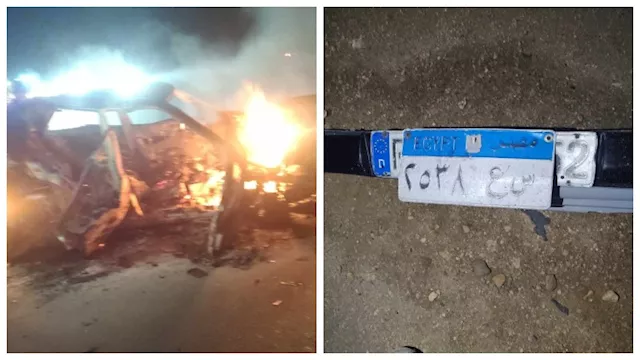 احتراق سيارة عقب اصطدامها بالحاجز الخرساني