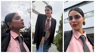 "جاكت وكرافتة".. نورهان منصور تتألق بإطلالة رجالية أنيقة في شوارع روما