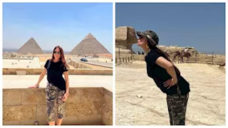 تعطي قُبلة لـ أبو الهول.. نرمين الفقي تنشر صورا أمام الأهرامات