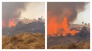 ألسنة لهب ودخان يغطي السماء.. الصور الأولى لحريق شونة كتان بالغربية 