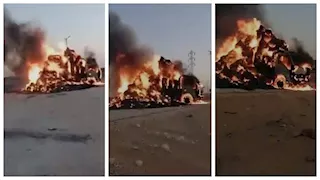 تفحم سيارة محملة بالدريس على طريق "تنيدة - منفلوط" في الوادي الجديد