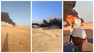 الطريق تحول إلى نار .. تصادم مروع بين سيارة مواد بترولية وأخرى بطريق الواحات | صور 