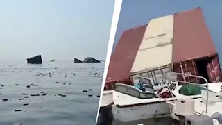 تفاصيل غرق سفينة شحن في مضيق هرمز.. آيفونات وعطور فاخرة تطفو فوق أمواج البحر (فيديو)
