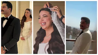 إطلالة ملكية للعروس وأناقة هادئة للعريس.. تفاصيل لوك هايدي رفعت ومصطفى منصور