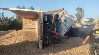 شلل مروري بسبب انقلاب تريلا محملة "سن"  على طريق "المنصورة - دمياط"