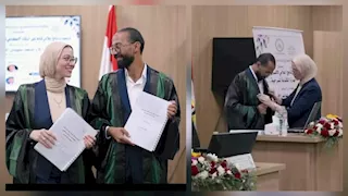 ناقشهما أشرف زكي وأيمن الشيوي.. زوجان يحصدان الماجستير بامتياز في يوم واحد – صور