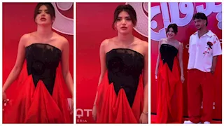 سوزي الأردنية تخطف الأنظار مع خطيبها مونلي في عرض فيلم "ريد فلاج"